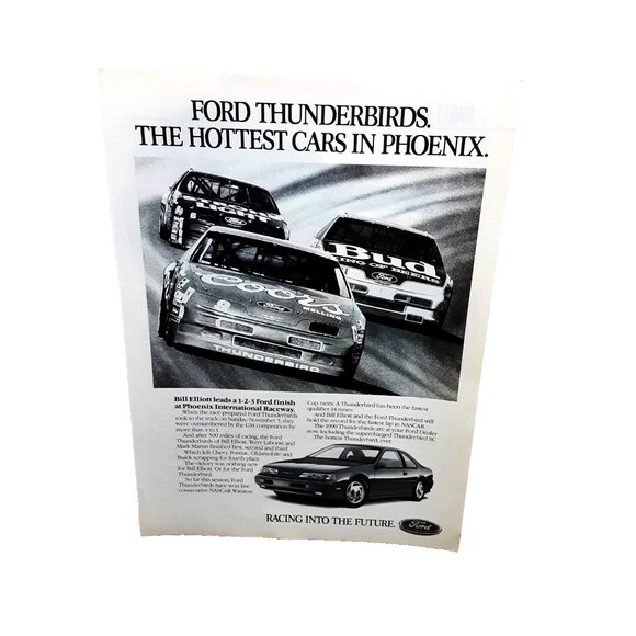 1989 Ford Thunderbird NASCAR Racing Ad Bill Elliott Phoenix Vintage Car Print - Picture 1 of 1